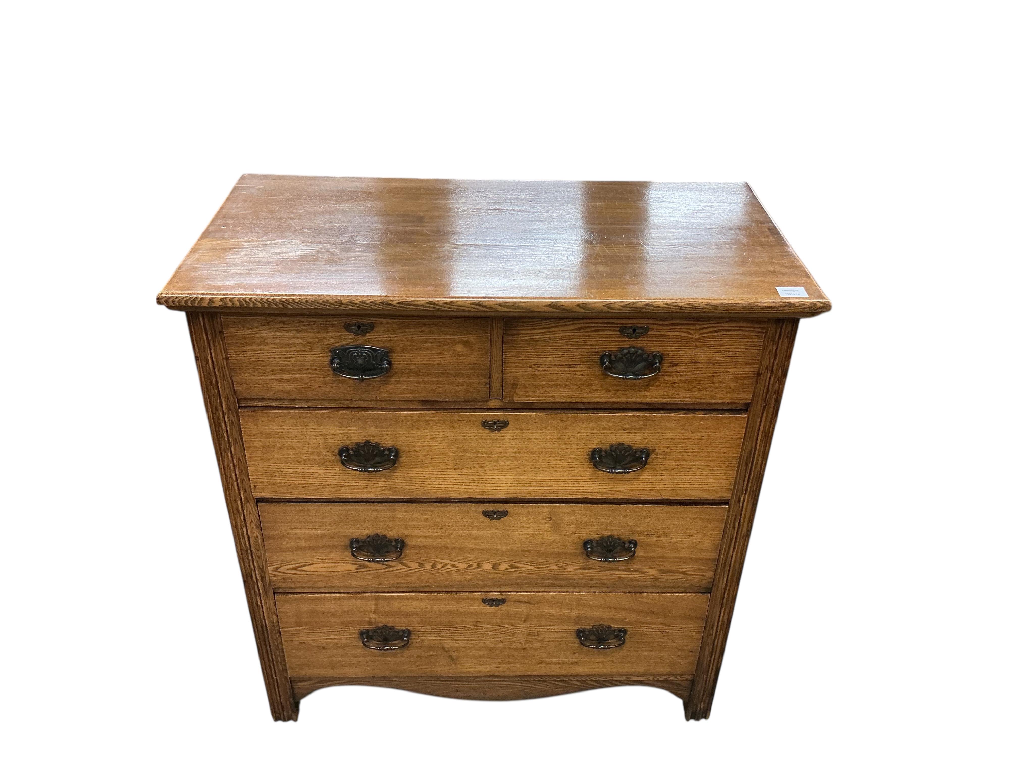 An Arts & Crafts oak chest of five drawers, width 97cm, depth 49cm, height 102cm
